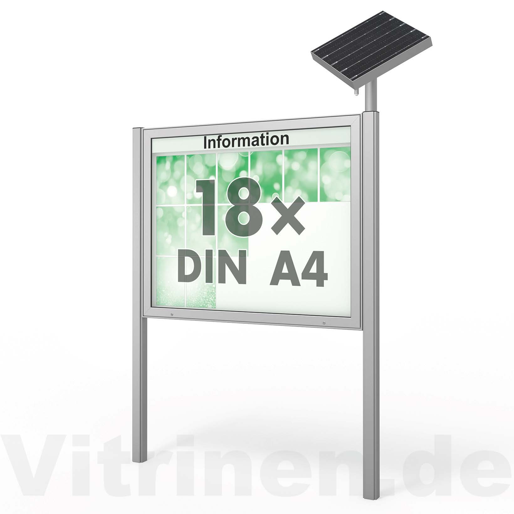 18 x DIN A4 Schaukasten Plenum eckig - der "Klassiker" mit Solar-Modul und Pfosten - Bautiefe 210mm