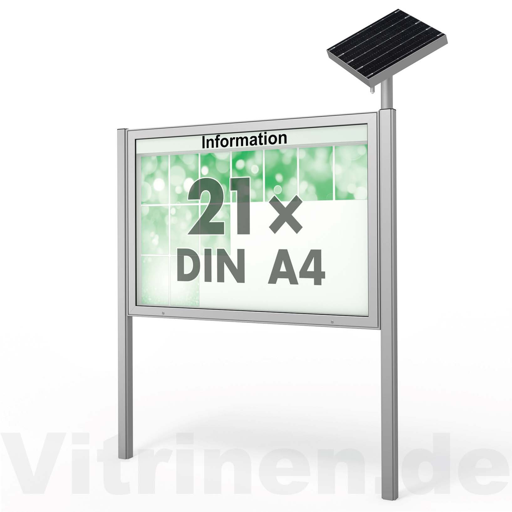21 x DIN A4 Schaukasten Plenum eckig - der "Klassiker" mit Solar-Modul und Pfosten - Bautiefe 210mm